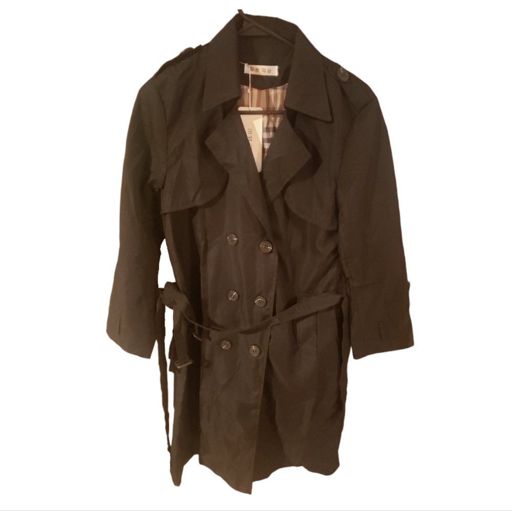 New Black lightweight trench coat tan plad inside